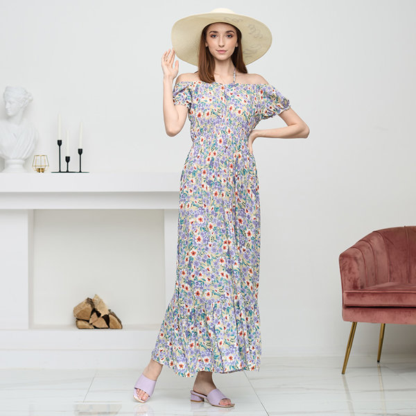 Robe longue d'été verte pour femme avec fleurs violettes - Vêtements