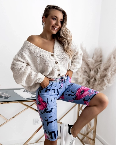 Short femme 3/4 bleu et rose imprimé GRANDE TAILLE - Vêtements
