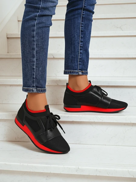 Sneakers pour femmes Artemida Nero en tissu et cuir écologique avec accent rouge