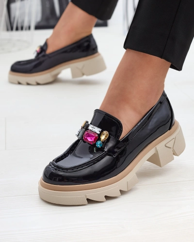 Mocassins noirs laqués avec pierres colorées Sarix - Footwear