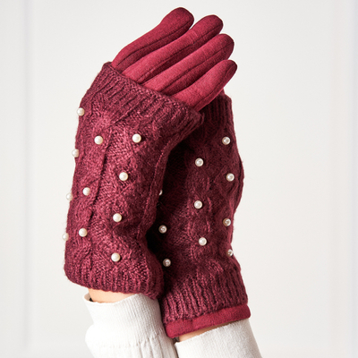 Mitaines femme bordeaux avec perles - Mitaines