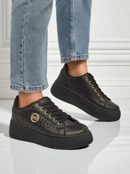 Aurelia Nero - Plateforme noire Royalfashion en cuir écologique, modèle LH201-8