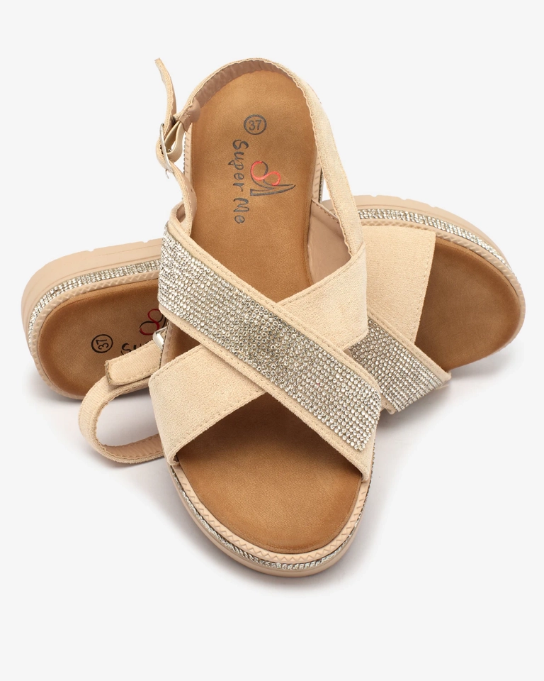 OUTLET Royalfashion Sandales en daim écologique beige pour femme avec zircons Trikys