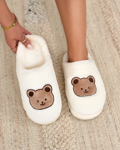 Royalfashion Pantoufles blanches en fourrure pour femme avec ours en peluche Hettres