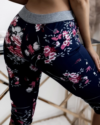 Short 3/4 femme bleu marine à fleurs roses GRANDES TAILLE - Vêtements
