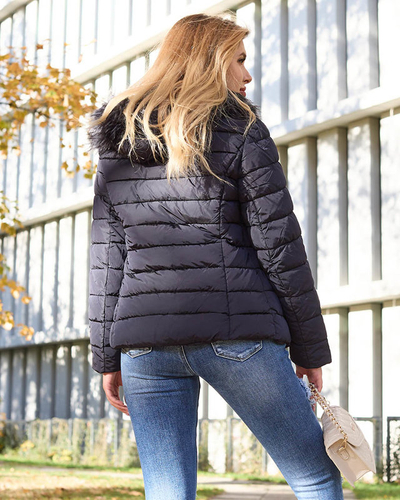 Veste matelassée pour femme bleu marine avec capuche et fourrure- Vêtements