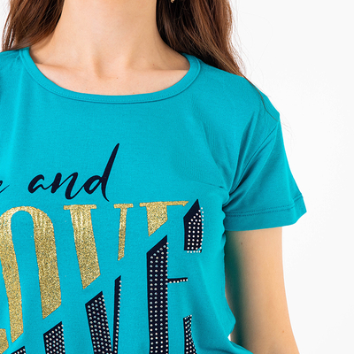 T-shirt femme bleu avec inscriptions ornées de paillettes et d'oxydes de zirconium - Vêtements