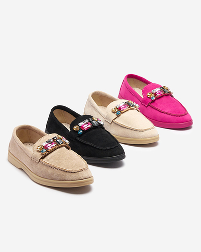 Mocassins pour femmes en daim écologique marron clair avec cristaux décoratifs Nellens- Footwear