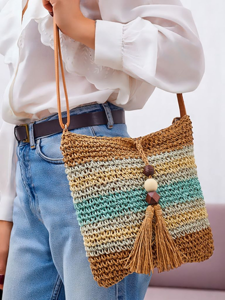 Royalfashion Petit sac en paille pour femme, rayé, orné d’un charm Mini