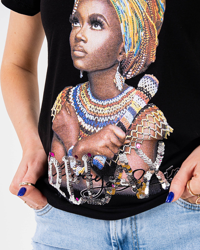T-shirt femme noir imprimé coloré et sequins - Vêtements