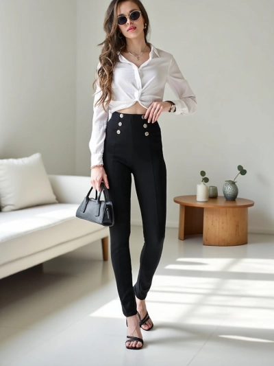 Treggings en coton Royalfashion pour femmes avec boutons décoratifs