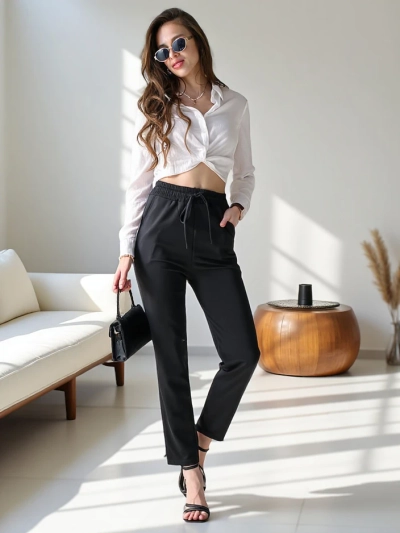 Royalfashion Pantalons simples pour femmes avec cordons