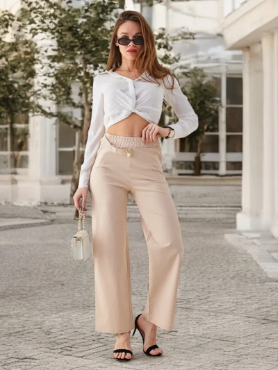 Pantalons larges en coton pour femmes Royalfashion avec décoration en forme de ceinture