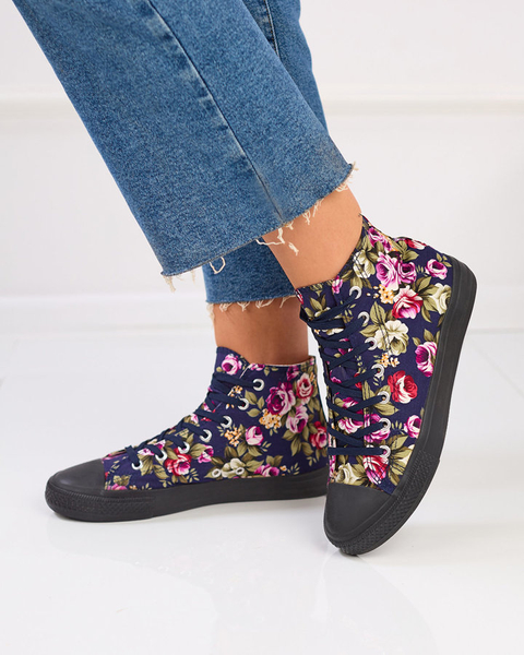 Royalfashion Baskets montantes bleu marine pour femme avec fleurs colorées Soxic