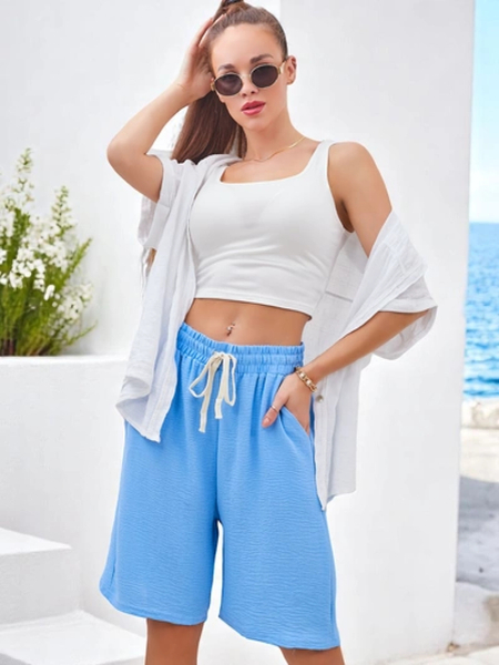 Royalfashion Shorts pour femme avec taille élastique et cordons jusqu’aux genoux