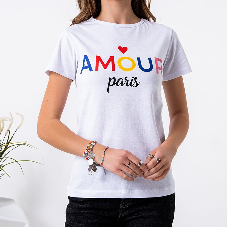 T-shirt femme en coton blanc avec inscription - Vêtements