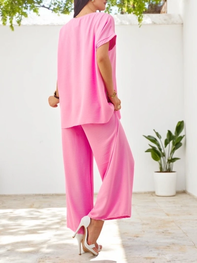 Ensemble à manches courtes Royalfashion pour femmes avec motif floral décoratif et pantalon large