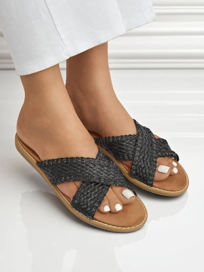 Sandales plates pour femmes Calista Nero, tresse noire, cuir écologique