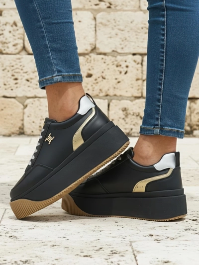 Baskets compensées pour femmes Hypatia Nero en cuir écologique avec plateforme de 5 cm