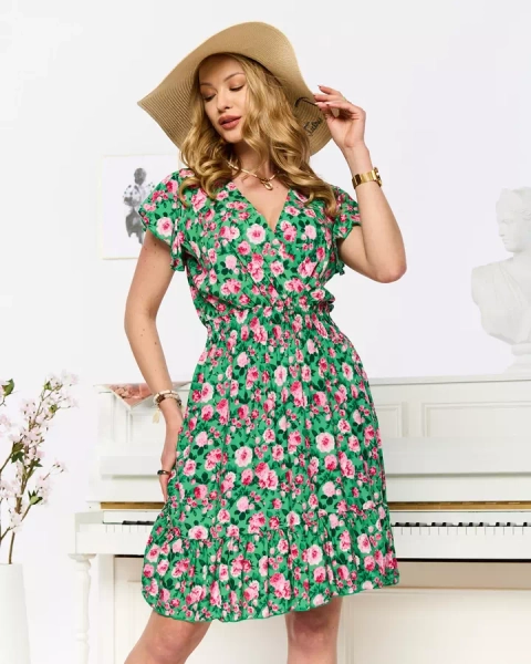 Robe courte imprimée verte et rose pour femme - Vêtements
