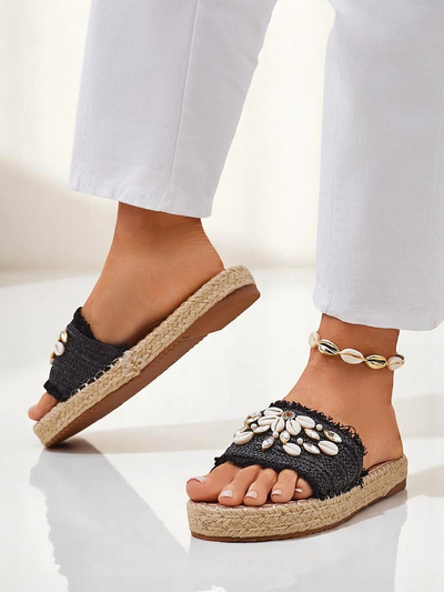 Sandales pour femmes Royalfashion Helena Decor espadrilles noires avec coquillages