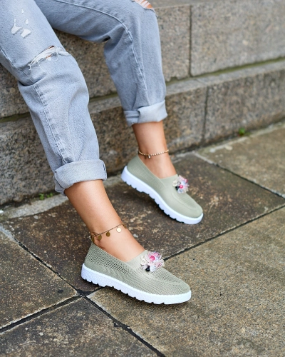 Royalfashion Mocassins en tissu kaki pour femme avec cristaux Fezens