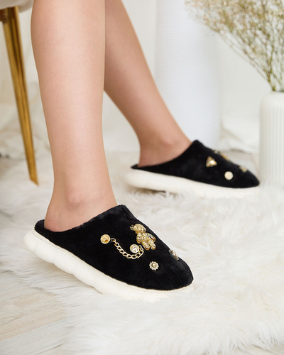 Royalfashion Pantoufles noires en fourrure pour femme avec ornements Erserra