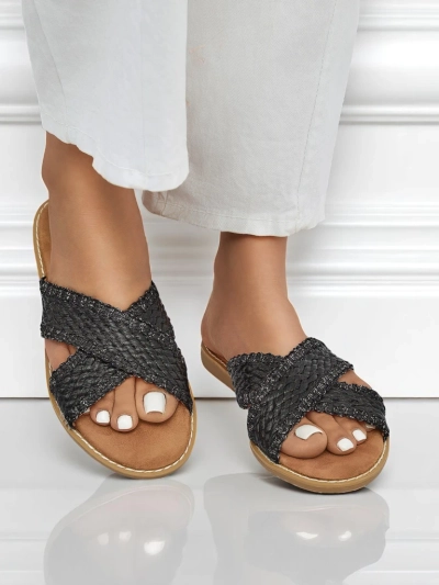 Sandales plates pour femmes Calista Nero, tresse noire, cuir écologique