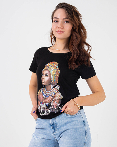 T-shirt femme noir imprimé coloré et sequins - Vêtements