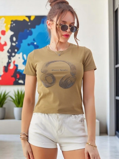 T-shirt en coton Royalfashion pour femmes avec impression Music Speaking