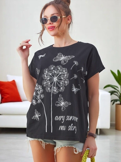 T-shirt en coton pour femmes Royalfashion avec des pissenlits et un papillon