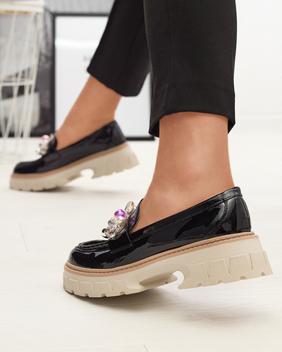 Mocassins pour femmes laqués noirs avec ornement Leliab- Footwear