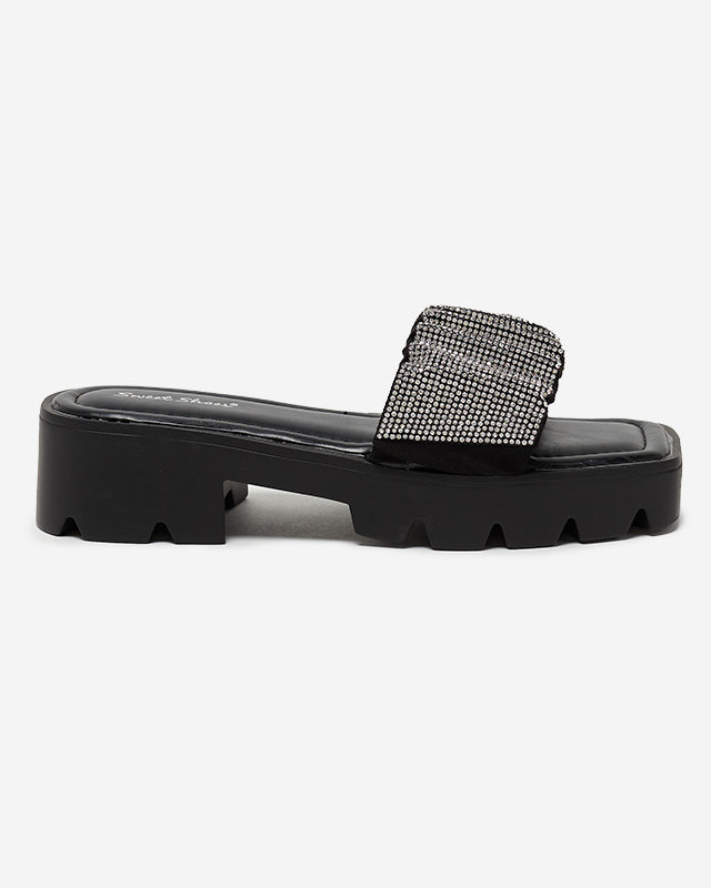 OUTLET Pantoufles noires pour femmes avec zircons cubiques Emkoy- Footwear