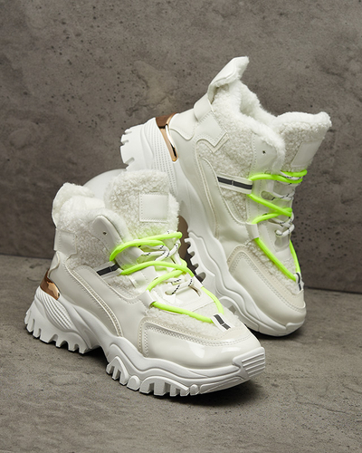 Chaussures de sport blanches pour femmes avec fourrure et lacets vert fluo Sagglo- Footwear