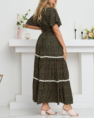 Robe maxi évasée fleurie noire femme - Vêtements