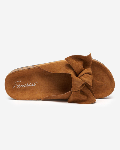 Pantoufles pour femmes en daim écologique avec un nœud de couleur camel Dofro- Footwear