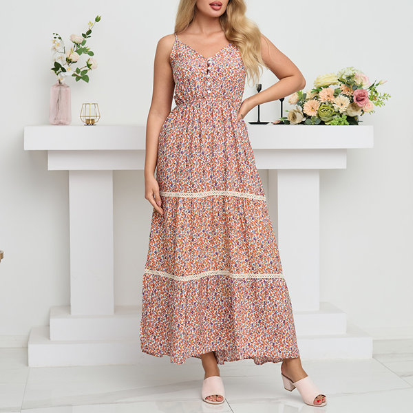 Robe longue femme orange à fleurs colorées - Vêtements