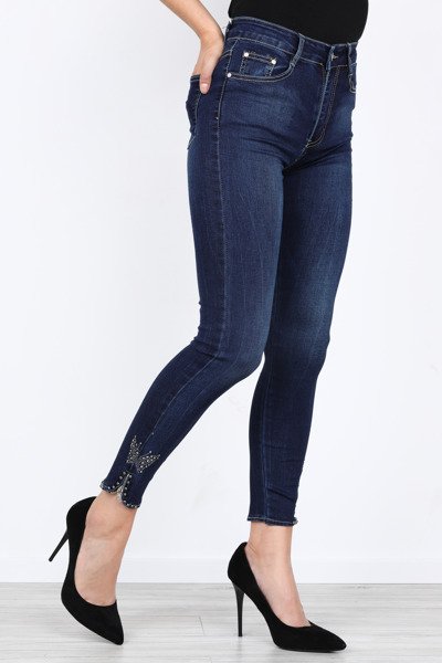 Długie, ciemnoniebieskie jeansy z motylkiem Aimee- Spodnie