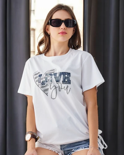 Royalfashion T-shirt en coton pour femmes LOVE avec des strass