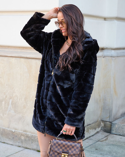 Royalfashion Manteau noir pour femme en fourrure