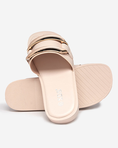 Pantoufles beiges pour femmes avec un grand ornement doré Kedino - Footwear
