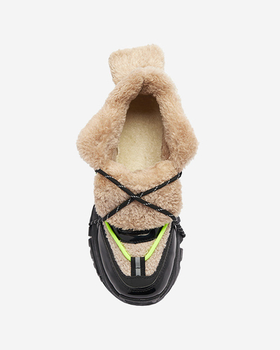 Chaussures de sport noires pour femmes avec fourrure et lacets jaune fluo Adbo- Footwear