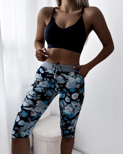 Short 3/4 bleu foncé pour femme avec motif floral - Vêtements