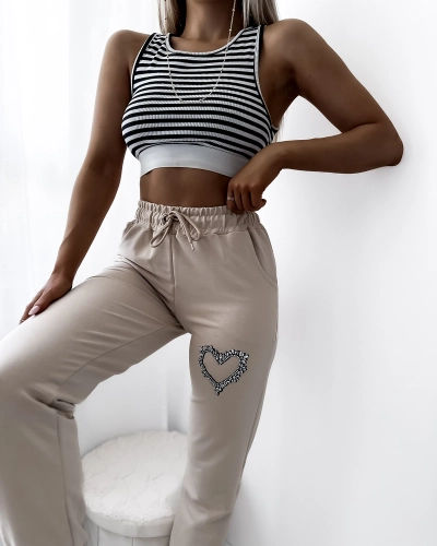 Pantalon de survêtement beige pour femme avec décorations en zircon- Vêtements