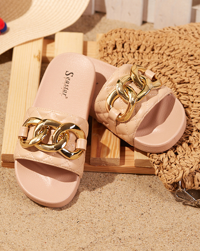 Chaussons matelassés beiges femme avec chaîne dorée Eteris - Footwear