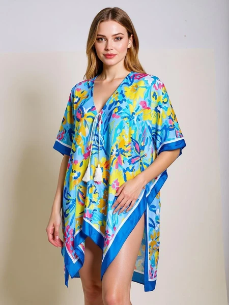 Aurelia Blue Pareo Royalfashion – Paréo d'été pour femmes jusqu'aux genoux avec décolleté en V