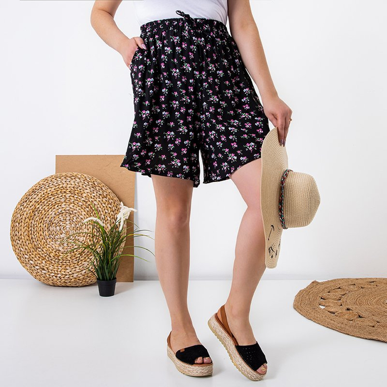 Short noir femme à fleurs fuchsia - Vêtements