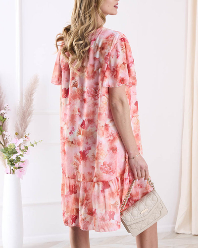 Robe femme au genou avec imprimé et volants en orange- Vêtements