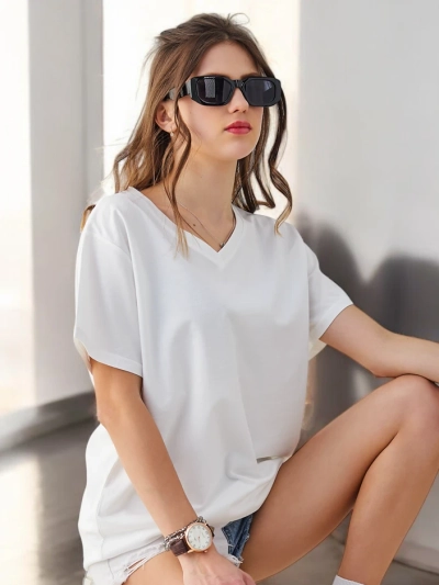 T-shirt décontracté en coton pour femmes Royalfashion avec col en V