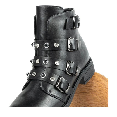 Czarne workery z cyrkoniami i perełkami Leonora - Obuwie